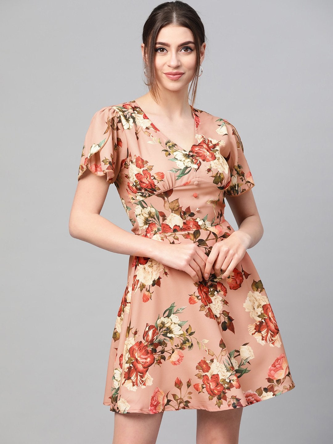 Women's Peach Floral Flared Skater Dress