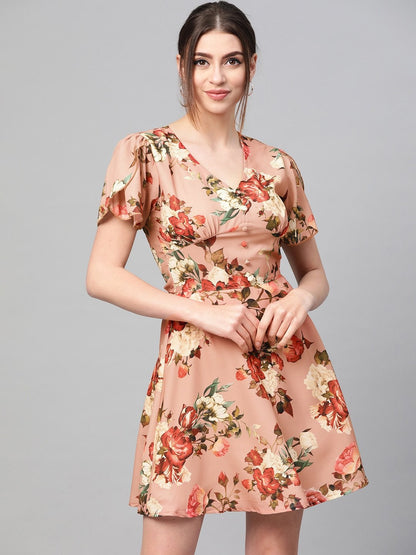 Women's Peach Floral Flared Skater Dress