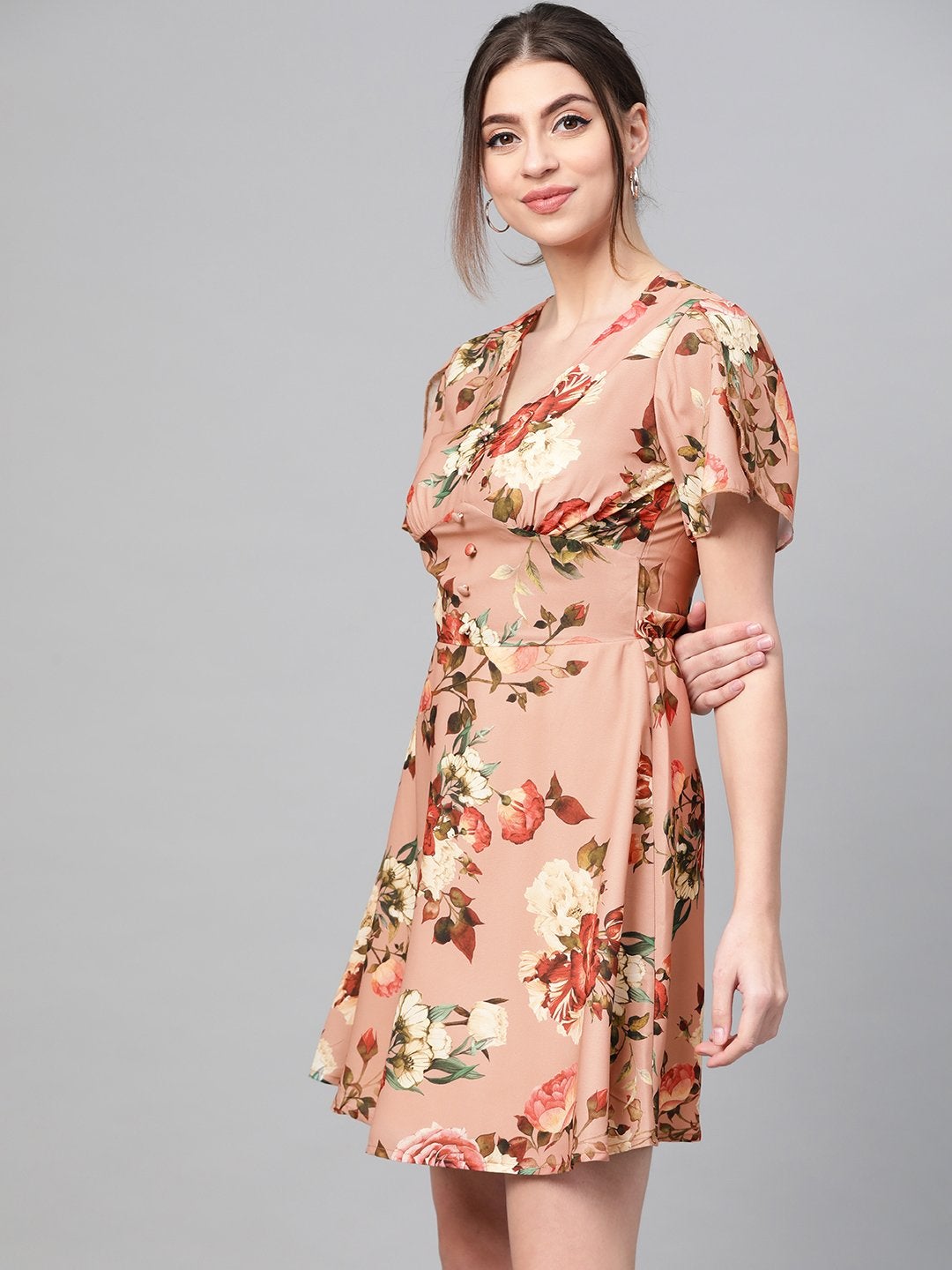 Women's Peach Floral Flared Skater Dress