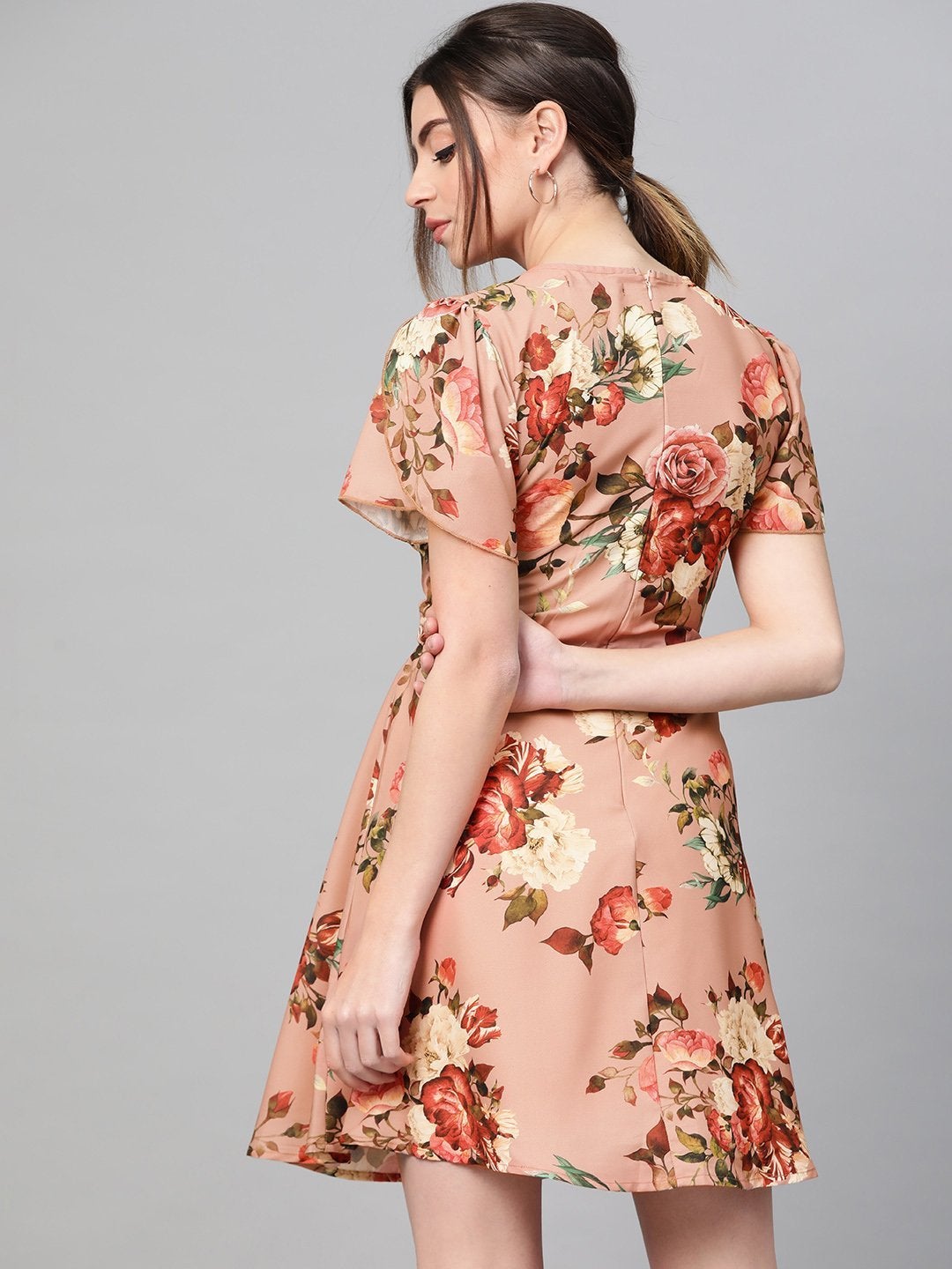 Women's Peach Floral Flared Skater Dress