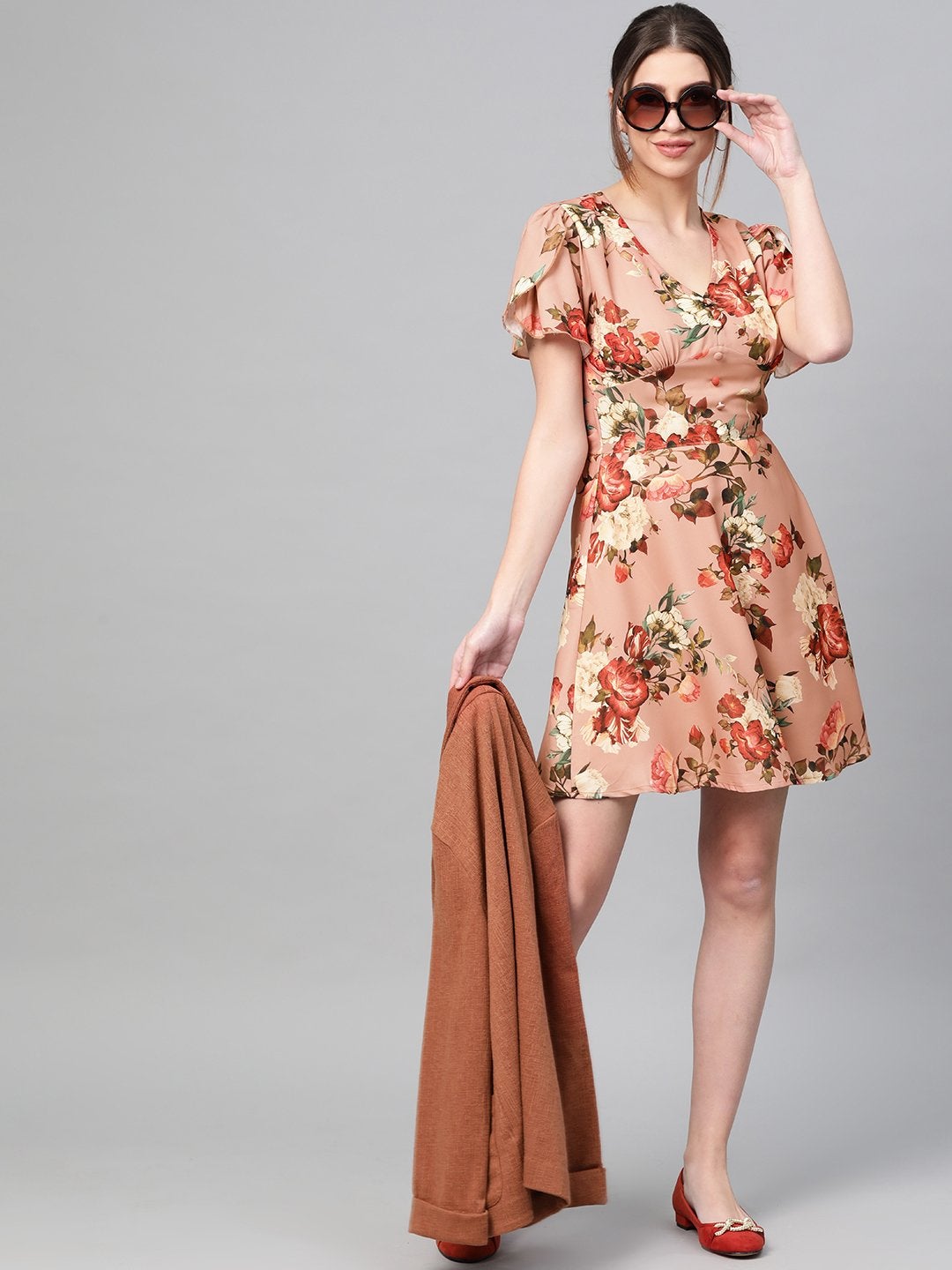 Women's Peach Floral Flared Skater Dress