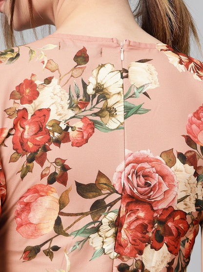 Women's Peach Floral Flared Skater Dress