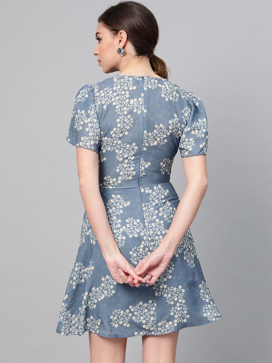 Women's Dark Blue Floral Flared Skater Dress