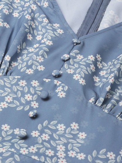 Women's Dark Blue Floral Flared Skater Dress