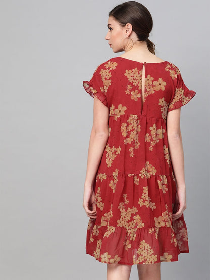 Women's Red Floral Tiered Trapeze Dress