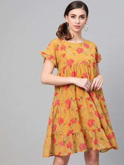 Women's Mustard Floral Tiered Trapeze Dress