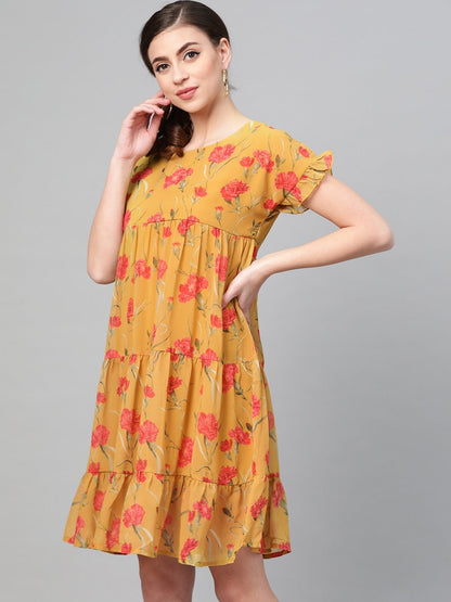 Women's Mustard Floral Tiered Trapeze Dress