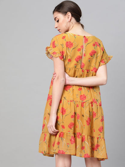 Women's Mustard Floral Tiered Trapeze Dress