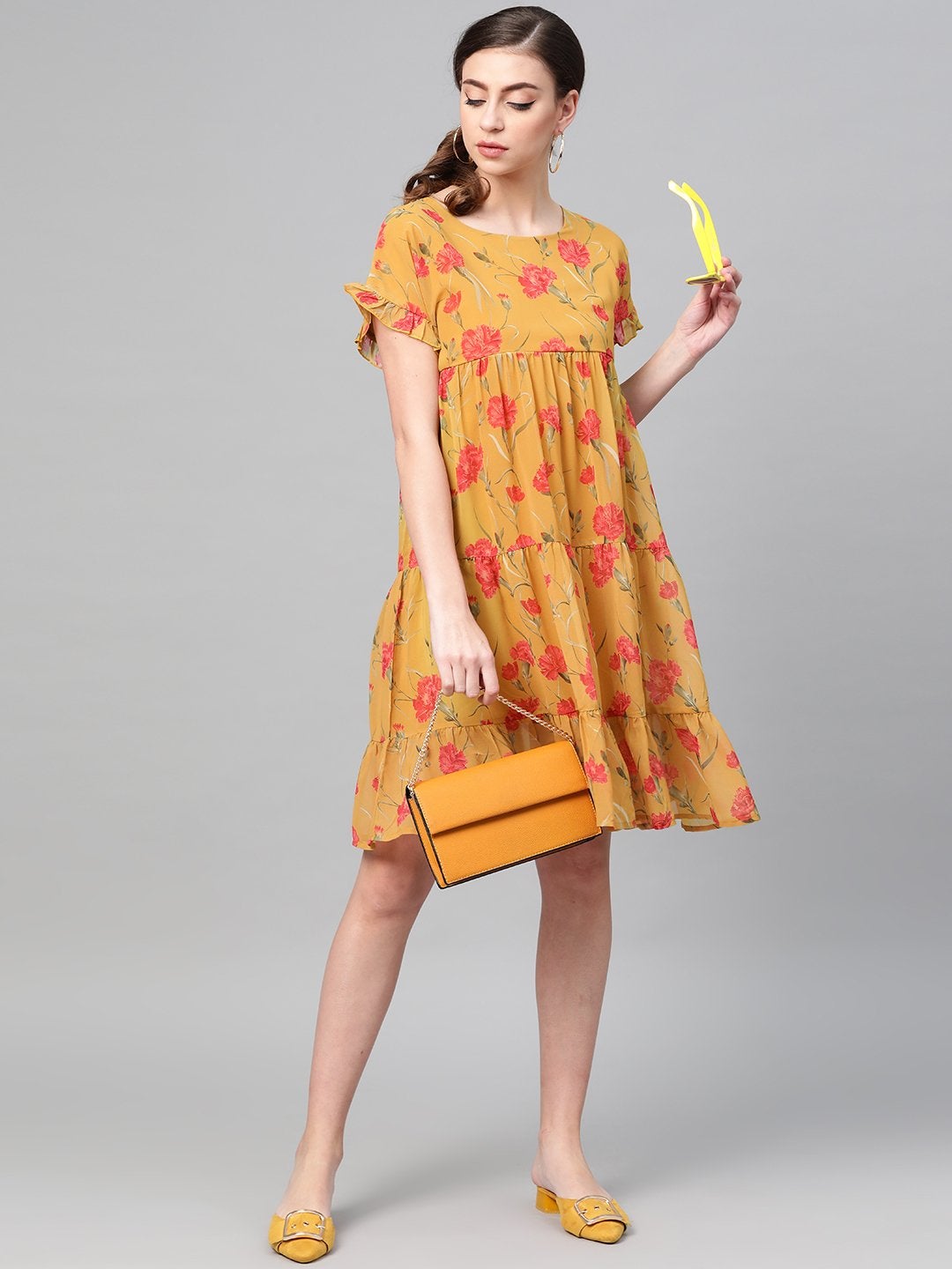 Women's Mustard Floral Tiered Trapeze Dress