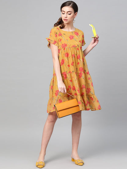 Women's Mustard Floral Tiered Trapeze Dress