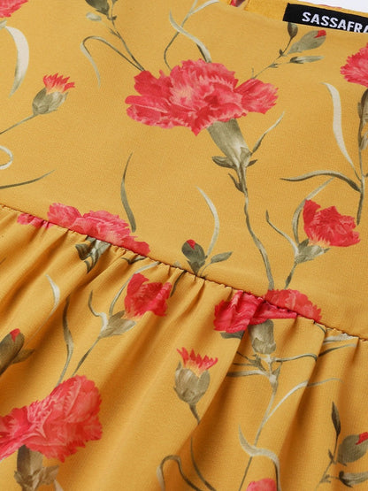 Women's Mustard Floral Tiered Trapeze Dress