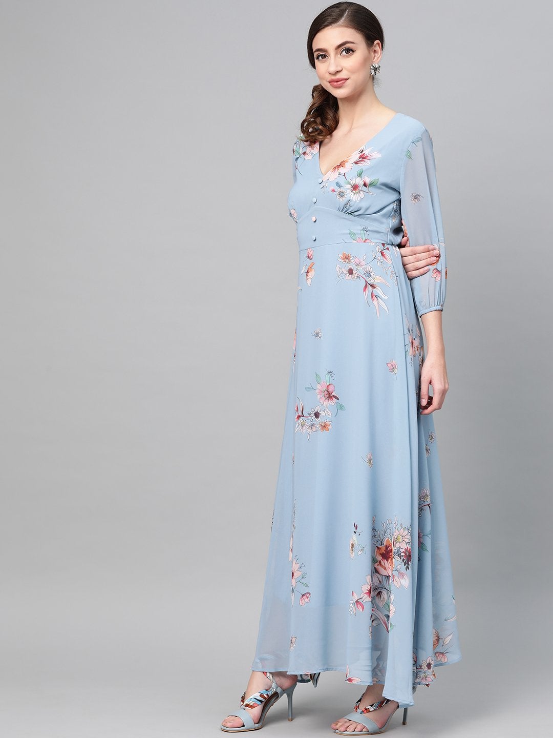 Women's Pale Blue Floral Flared Maxi Dress