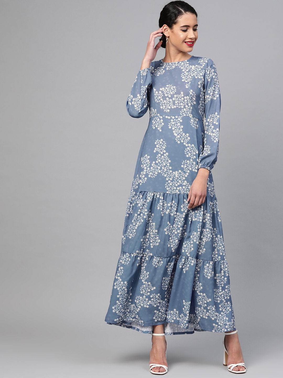 Women's Dark Blue Floral Tiered Maxi