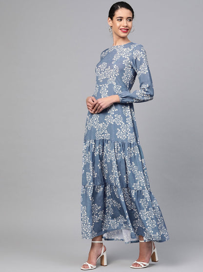 Women's Dark Blue Floral Tiered Maxi