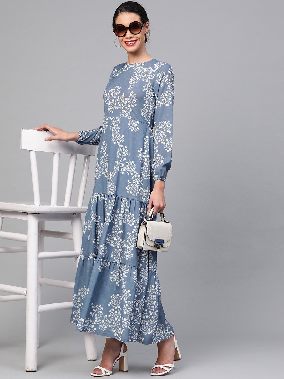 Women's Dark Blue Floral Tiered Maxi