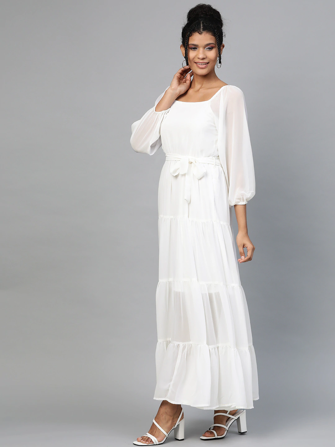 Women's White Square Neck Tiered Maxi Dress