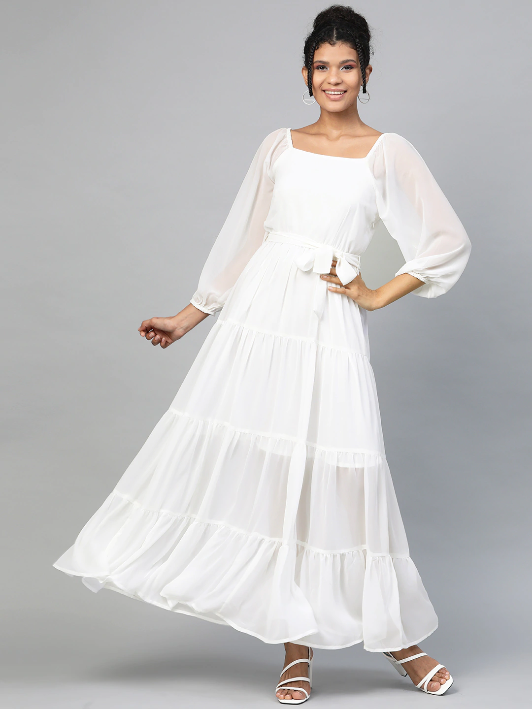 Women's White Square Neck Tiered Maxi Dress