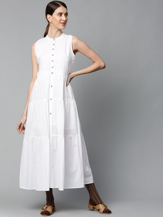 Women's White Sleeveless Tiered Maxi Dress
