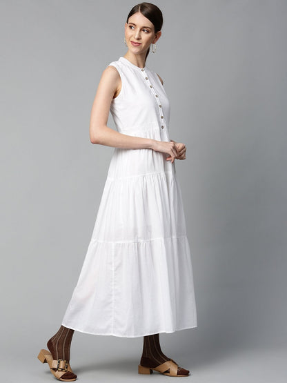 Women's White Sleeveless Tiered Maxi Dress