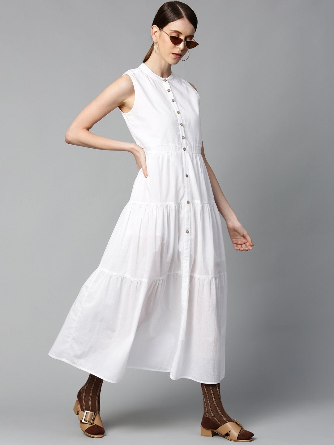 Women's White Sleeveless Tiered Maxi Dress