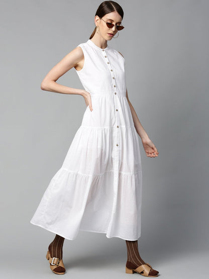 Women's White Sleeveless Tiered Maxi Dress