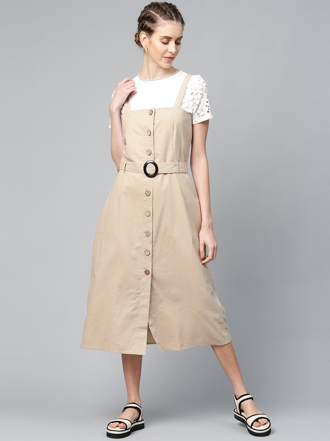 Women's Beige Strappy Front Button Belted Dress