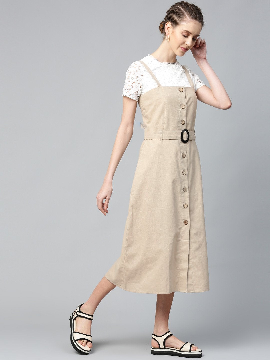 Women's Beige Strappy Front Button Belted Dress