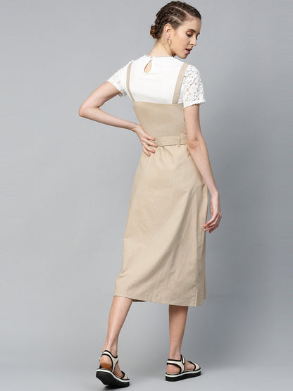 Women's Beige Strappy Front Button Belted Dress