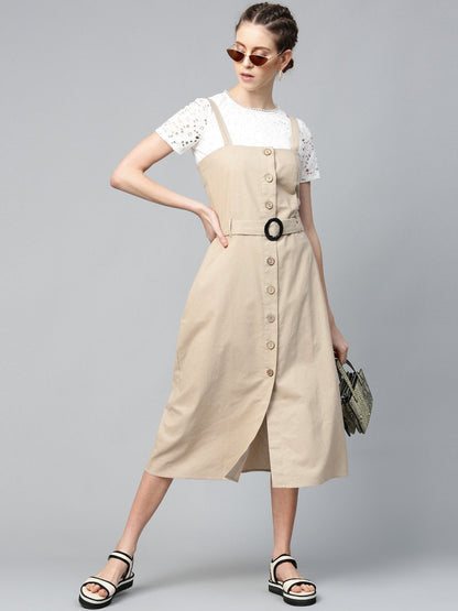 Women's Beige Strappy Front Button Belted Dress