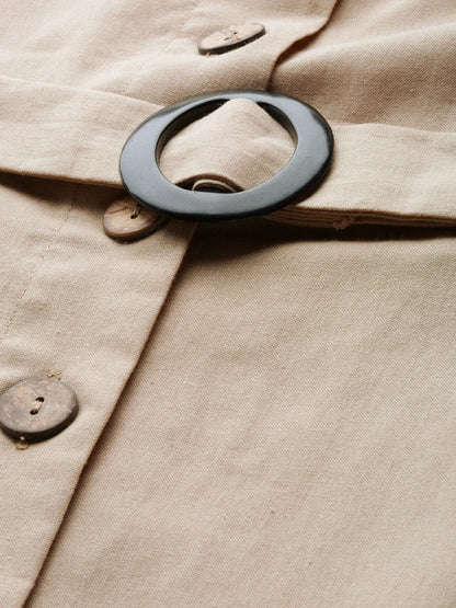 Women's Beige Strappy Front Button Belted Dress