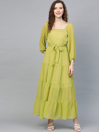 Women's Green Square Neck Tiered Maxi Dress