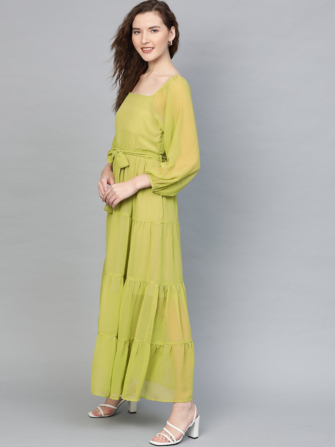 Women's Green Square Neck Tiered Maxi Dress
