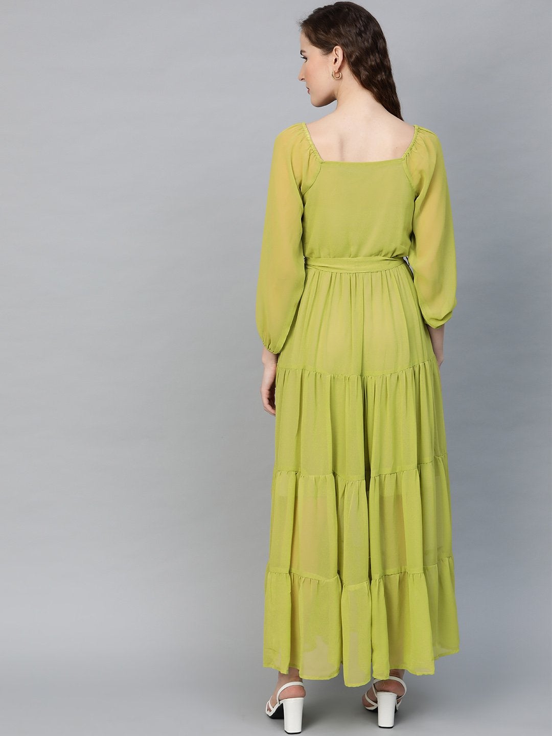 Women's Green Square Neck Tiered Maxi Dress