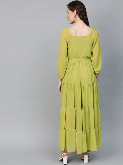 Women's Green Square Neck Tiered Maxi Dress