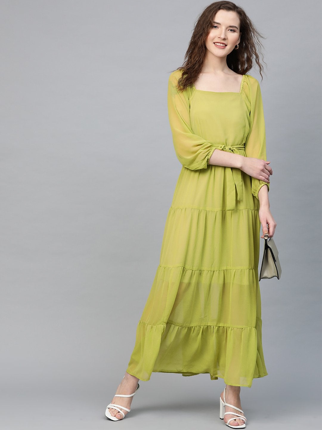 Women's Green Square Neck Tiered Maxi Dress