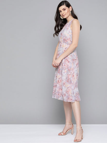 Women's Peach Tile Print Pleated Midi Dress
