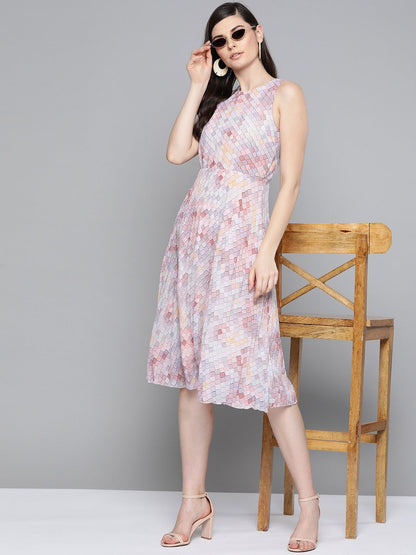 Women's Peach Tile Print Pleated Midi Dress