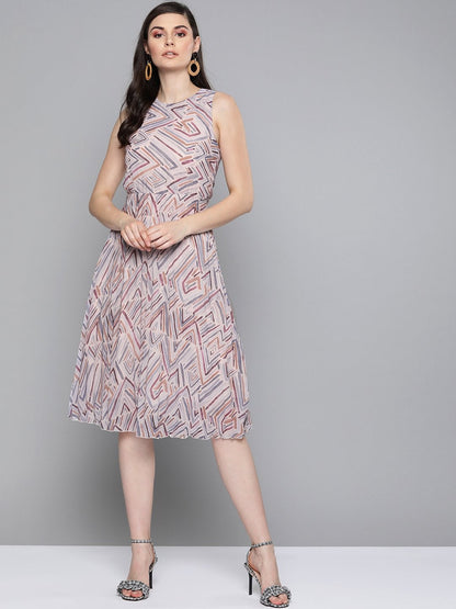 Women's Beige Geometric Print Pleated Midi Dress