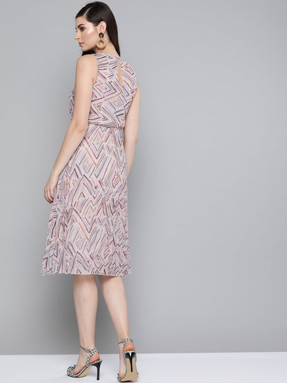 Women's Beige Geometric Print Pleated Midi Dress
