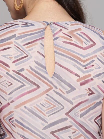 Women's Beige Geometric Print Pleated Midi Dress