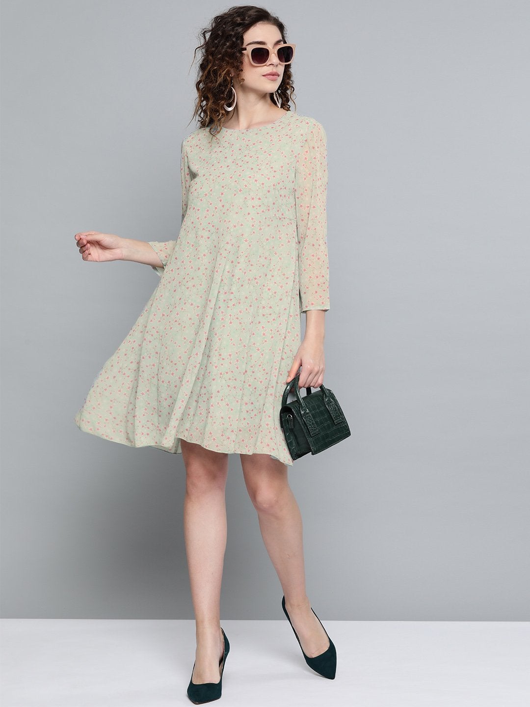 Women's Olive Ditsy Floral Trapeze Dress