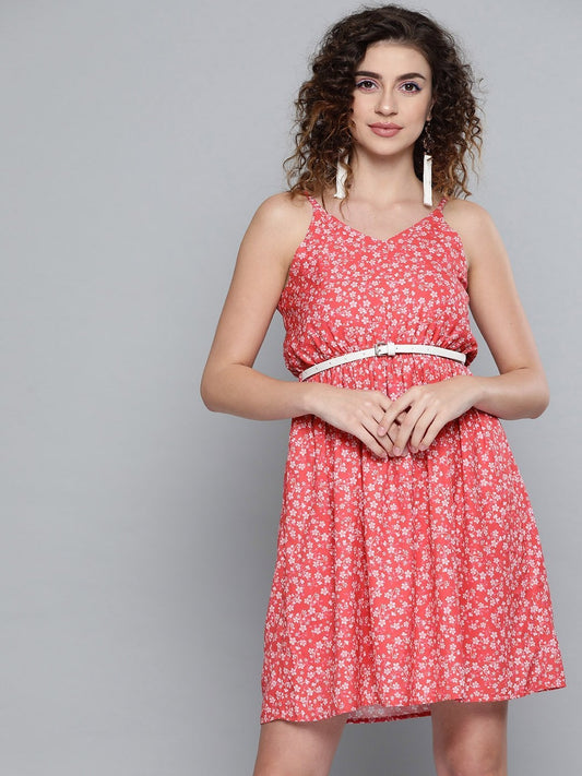 Women's Red Ditsy Floral Short Strappy Belted Dress