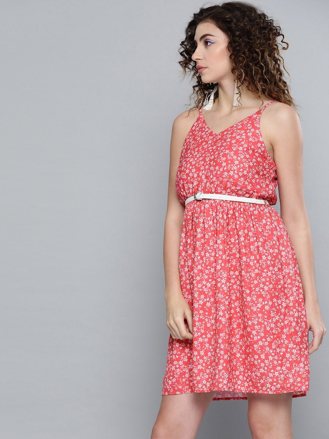 Women's Red Ditsy Floral Short Strappy Belted Dress