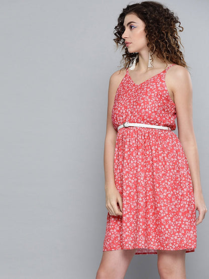 Women's Red Ditsy Floral Short Strappy Belted Dress