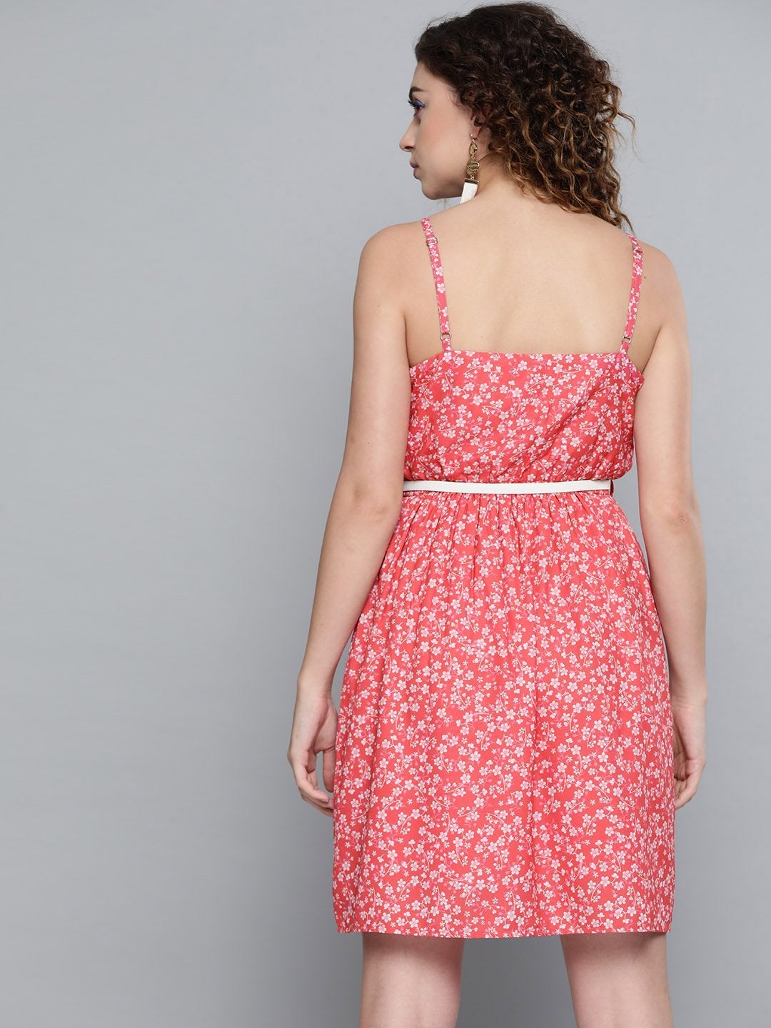 Women's Red Ditsy Floral Short Strappy Belted Dress