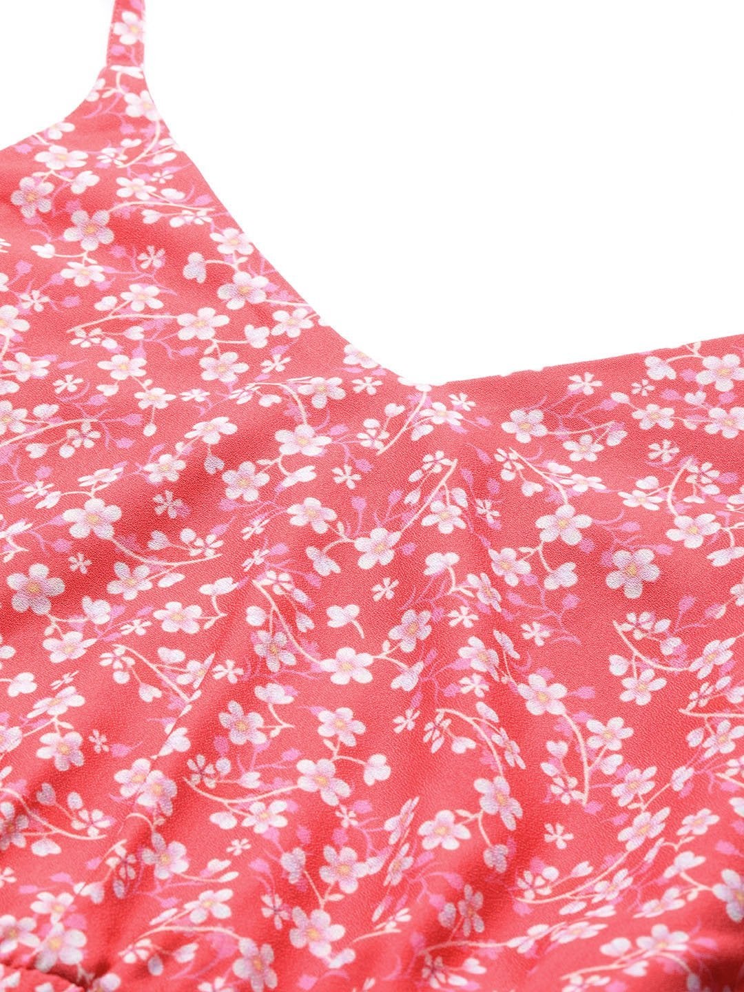 Women's Red Ditsy Floral Short Strappy Belted Dress