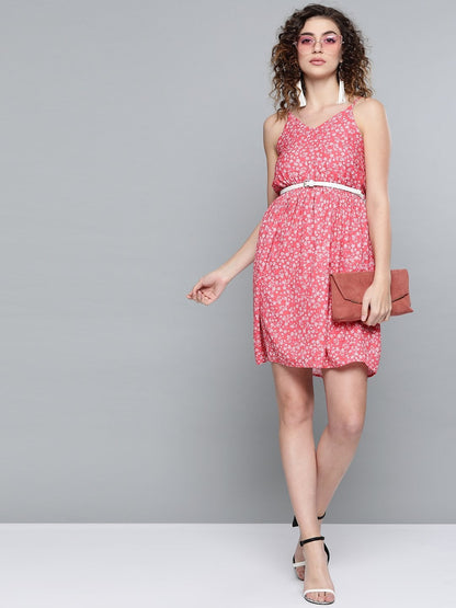 Women's Red Ditsy Floral Short Strappy Belted Dress