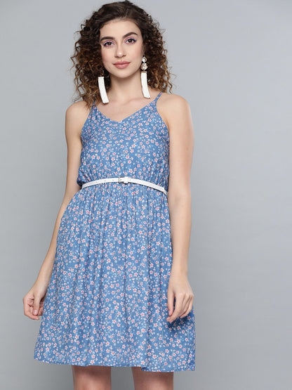 Women's Blue Ditsy Floral Short Strappy Belted Dress