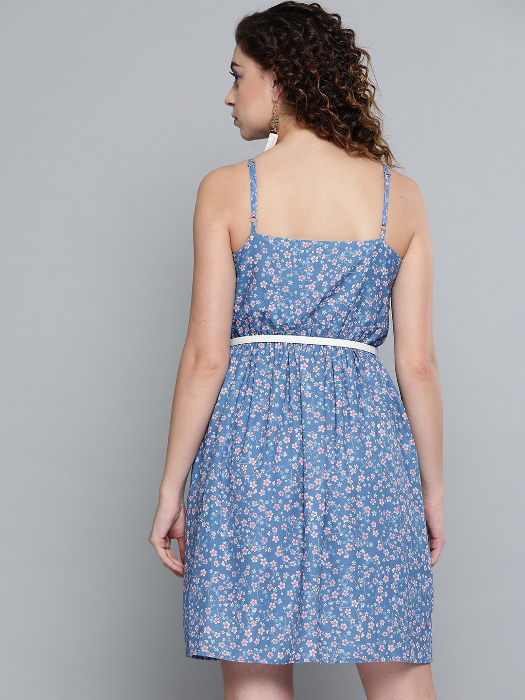 Women's Blue Ditsy Floral Short Strappy Belted Dress