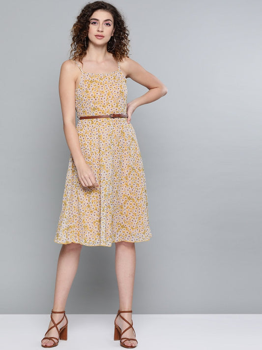 Women's Yellow Ditsy Floral Strappy Belted Midi Dress